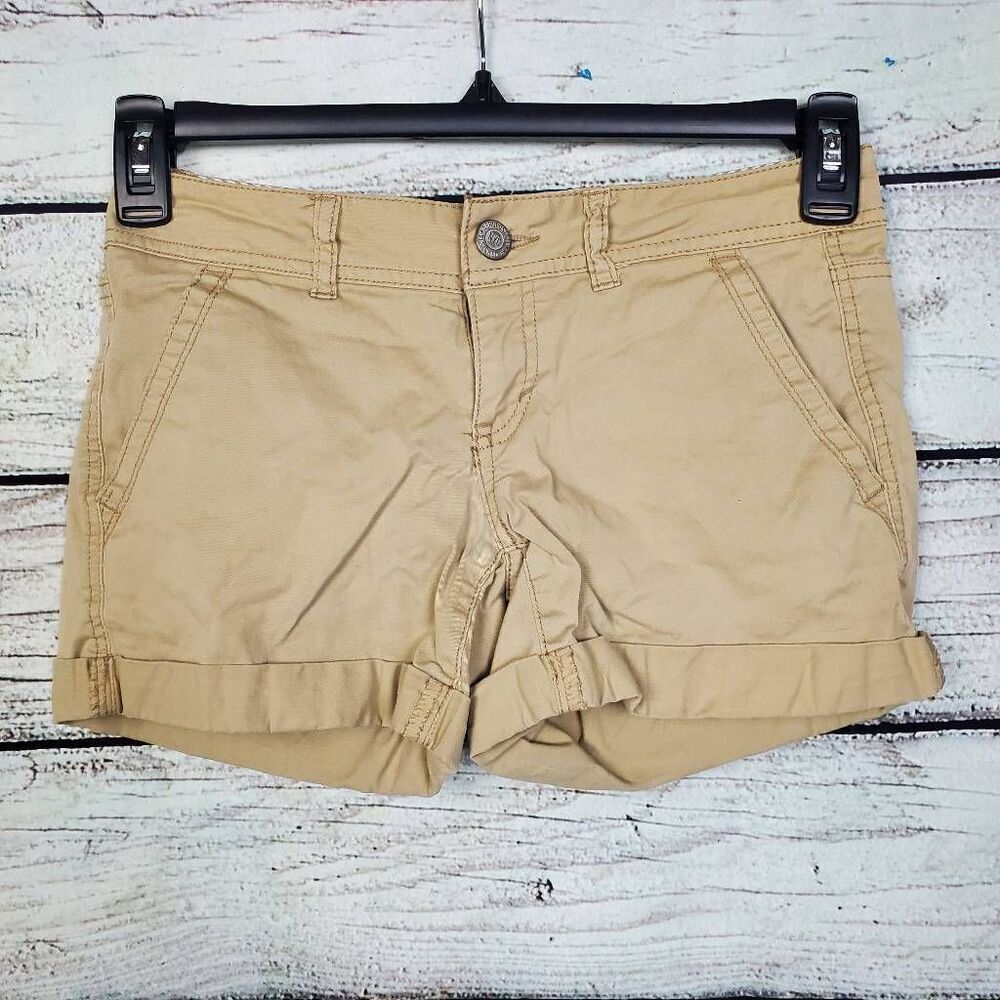 Aeropostale Midi Twill Shorts Size 0 Khaki Stretch Button Pocket Casual